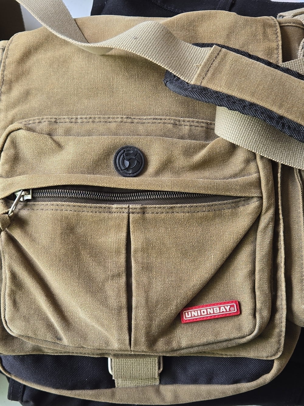 UNIONBAY Canvas Messenger Bag in Tan with Black Trim